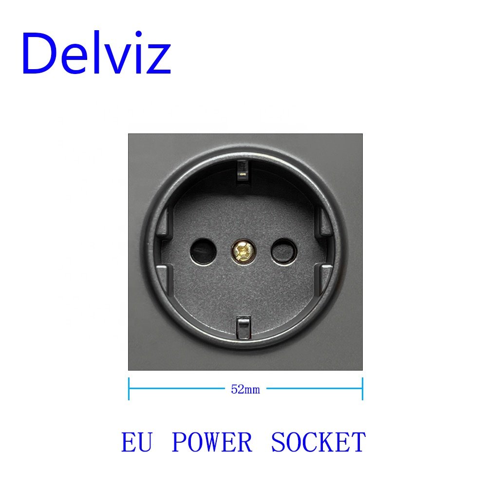 Delviz Grey Glass Panel, Electric plug double socket, USB C Fast charging Outlet, Wall Light Switch, EU Schuko Wall Power Socket