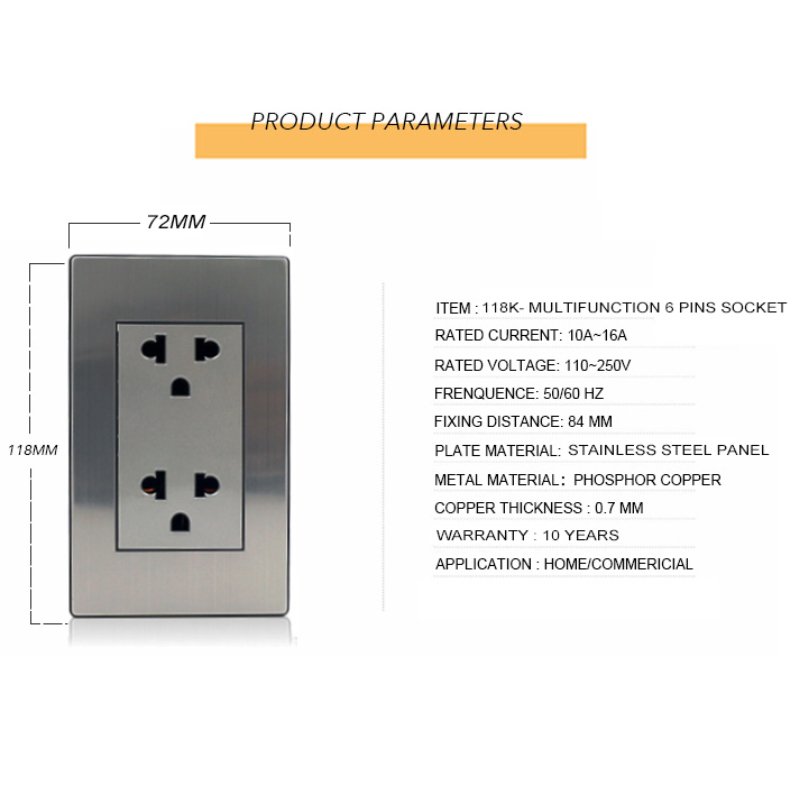 Stainless Steel Panel Electrical Parts Plugs And Sockets South American Double Multifunction 16A light Sockets