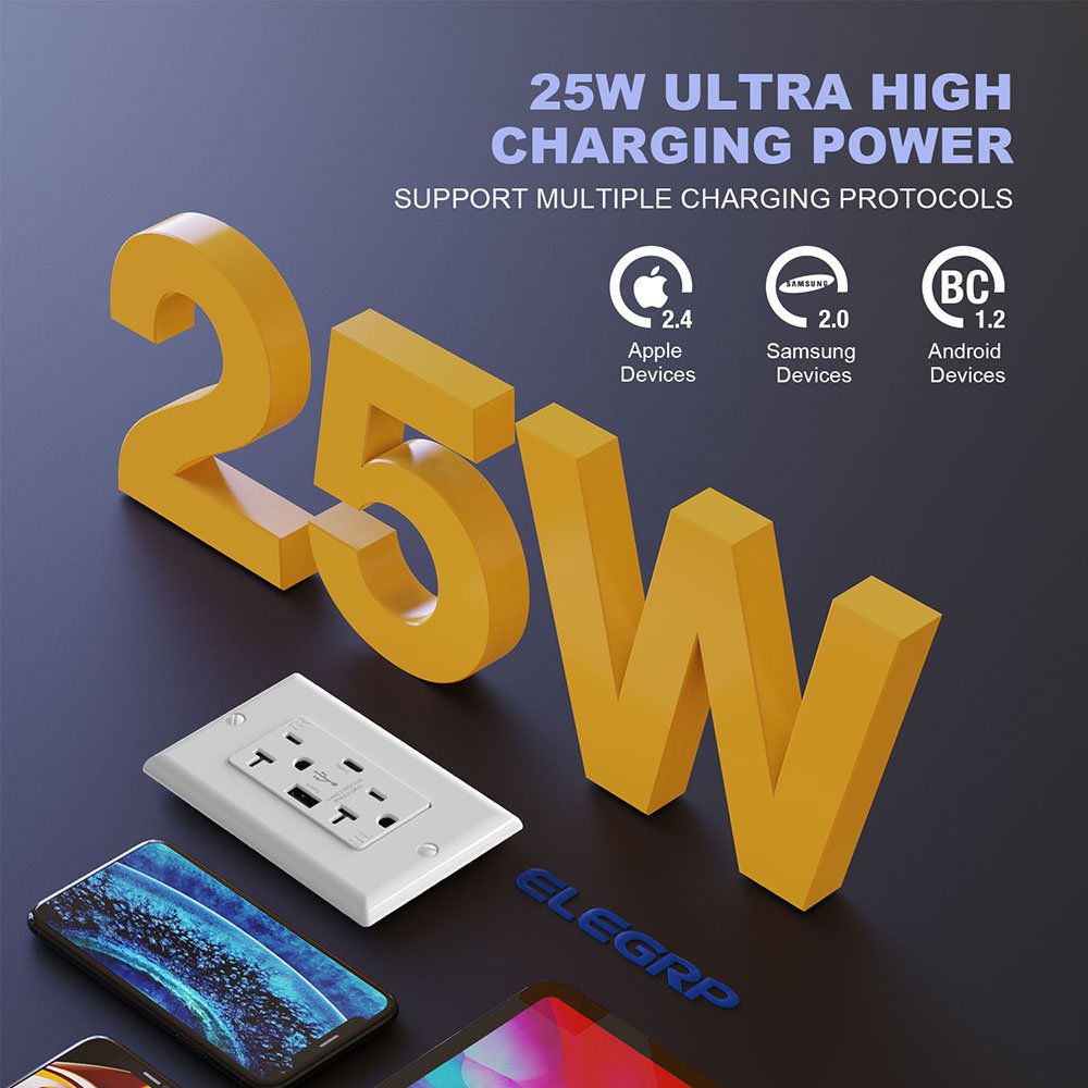 Local Stock 20A 5-20R In-wall Outlet 5.0A USB C&A FCC UL CUL quick charge usb c 25W usb wall plug