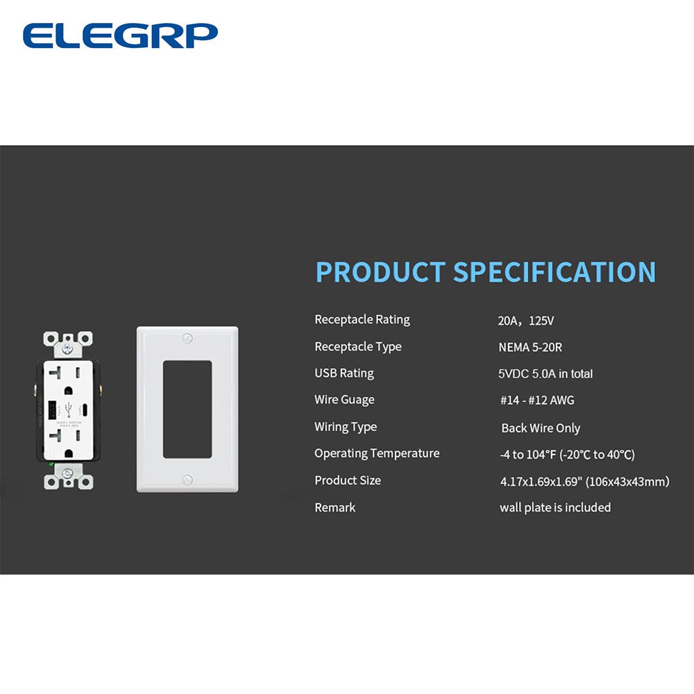 Local Stock 20A 5-20R In-wall Outlet 5.0A USB C&A FCC UL CUL quick charge usb c 25W usb wall plug