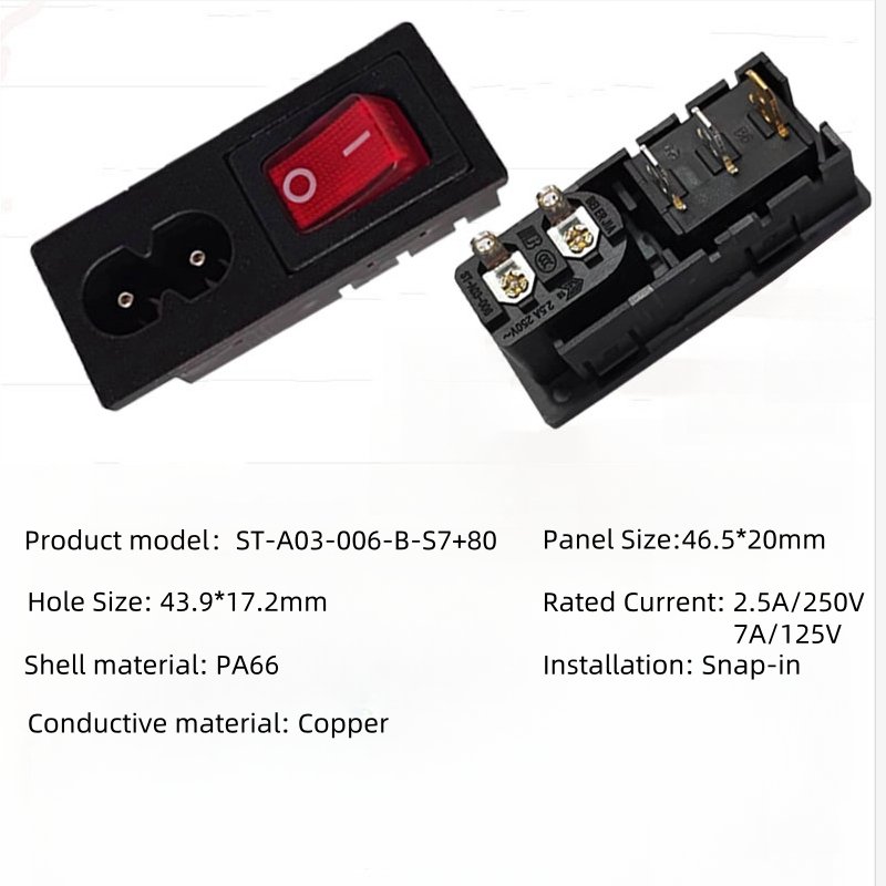 AC Plug and Socket C8 with 3-Pin On/Off Red Switch Snap-In Power Socket 2-in-1 AC power socket
