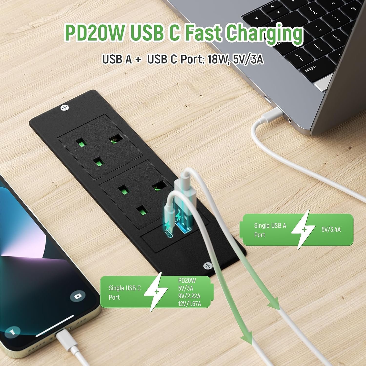 recessed style power strip with 13Amp UK socket (AC220/230V) desktop outlet withs 2AC USB A and USB-C mounted power strip