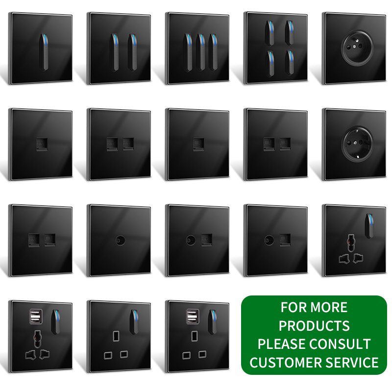 86 Type Switch Socket Black Tempered Glass Panel Piano Key 16A Air Conditioning Plug