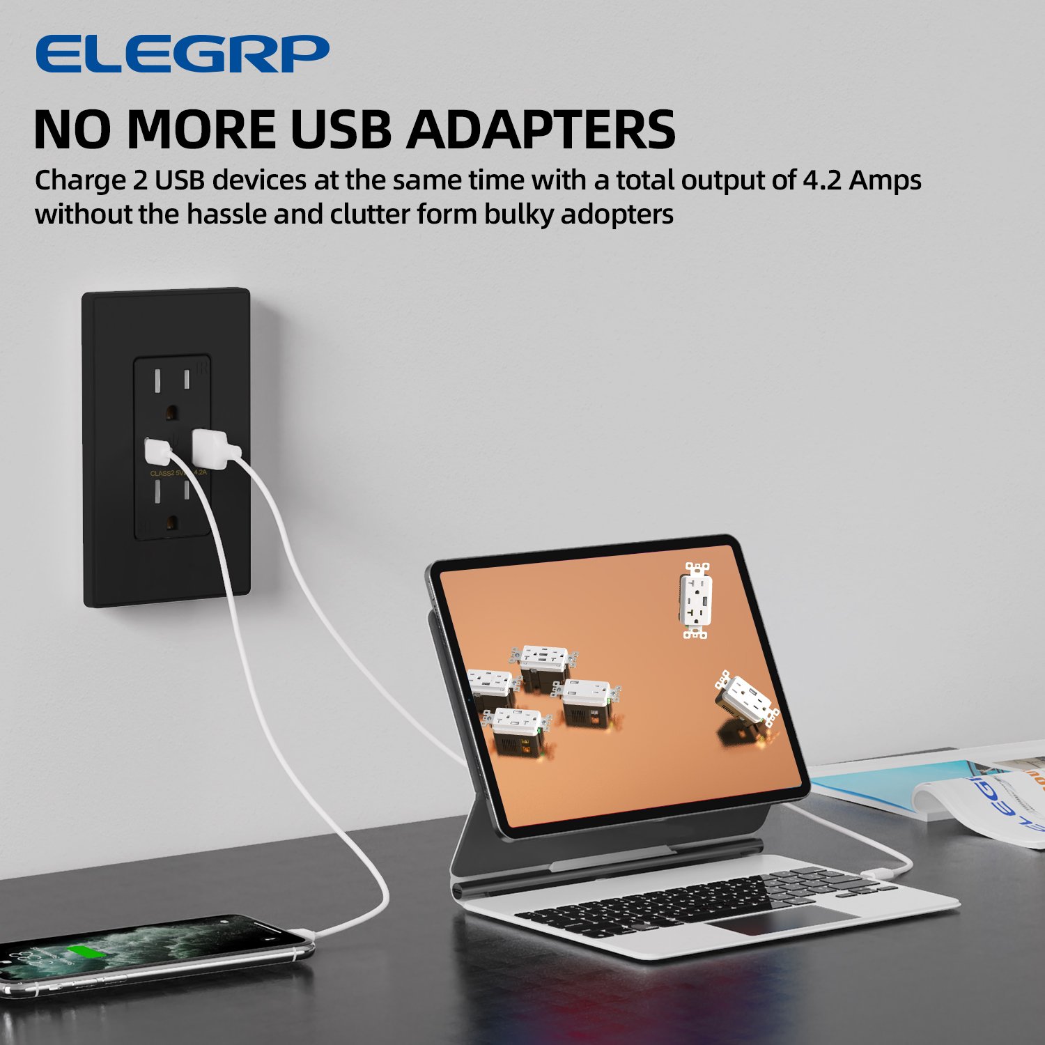 ELEGRP USB Charger Wall Outlet, USB Receptacle With Type A & Type C USB Ports, 15 Amp Duplex Tamper Resistant Plug, UL Listed