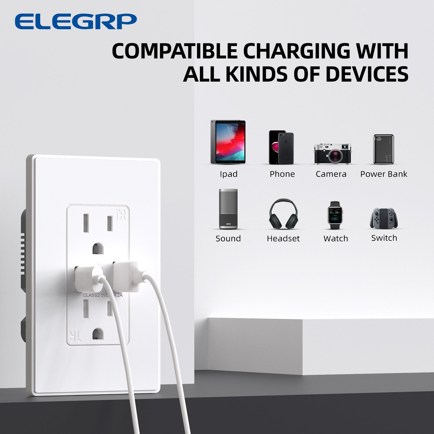 ELEGRP USB Charger Wall Outlet, USB Receptacle With Type A & Type C USB Ports, 15 Amp Duplex Tamper Resistant Plug, UL Listed