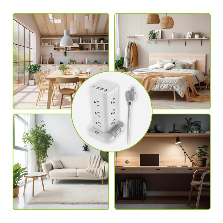 15 amp socket tower extension cord with usb power strip 12-outlet america canada 3 pin plug