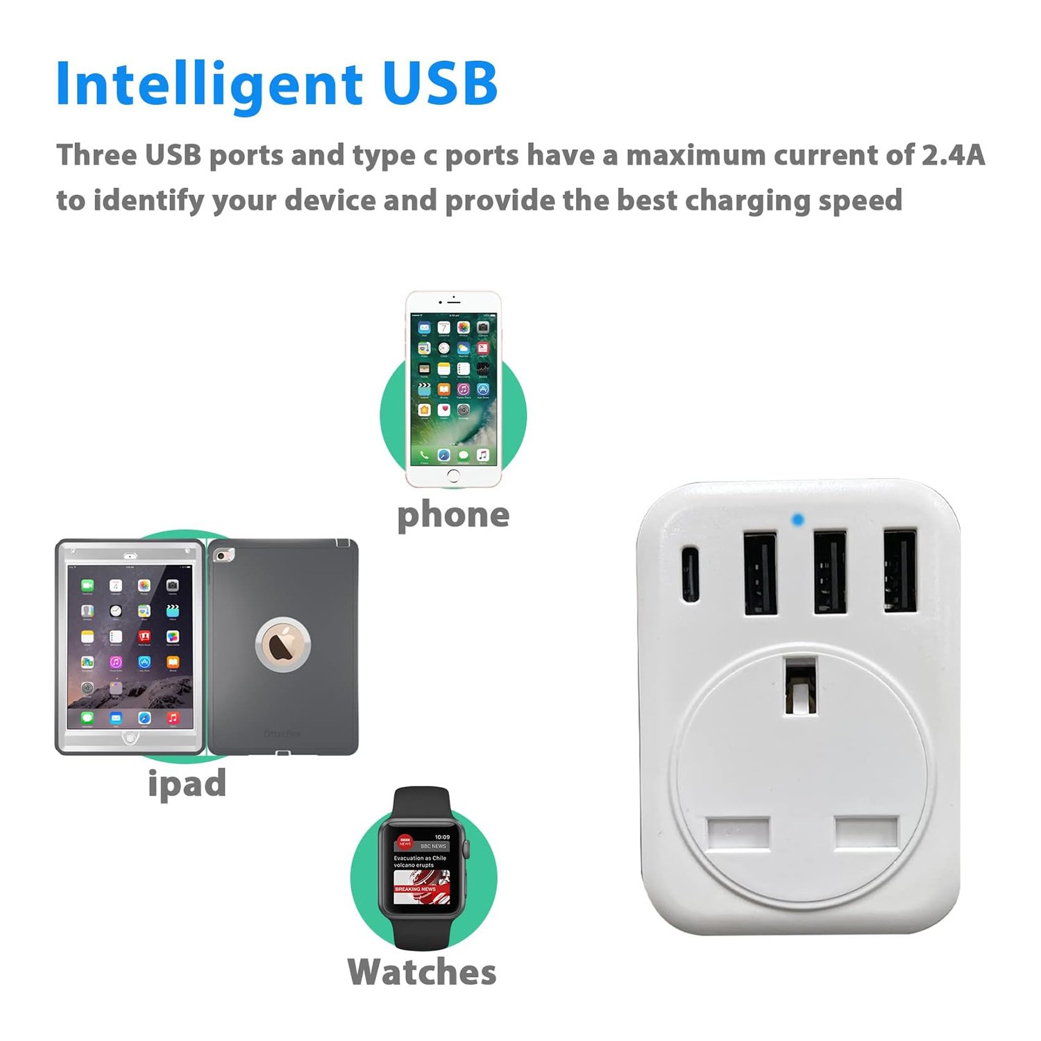 Grounded UK Power Travel Adapter with 3 USB and 1 Type C Ports AC 250V 13A PC Material OEM Supported UK Plug Standard