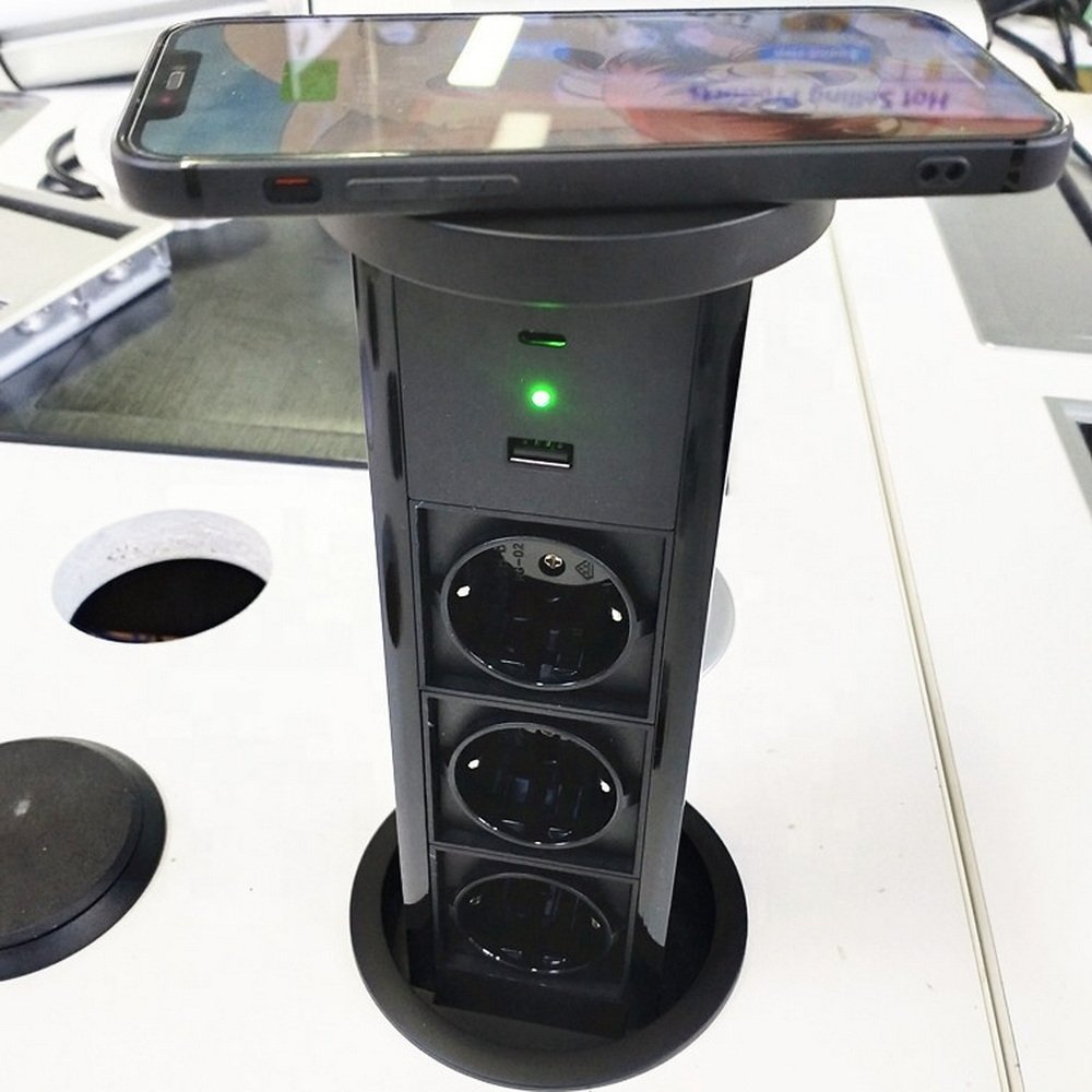 Wireless charge Pop Up Outlet Recessed Retractable Power Strip Charging Station with 3 Plug &2 USB Ports for Kitchen