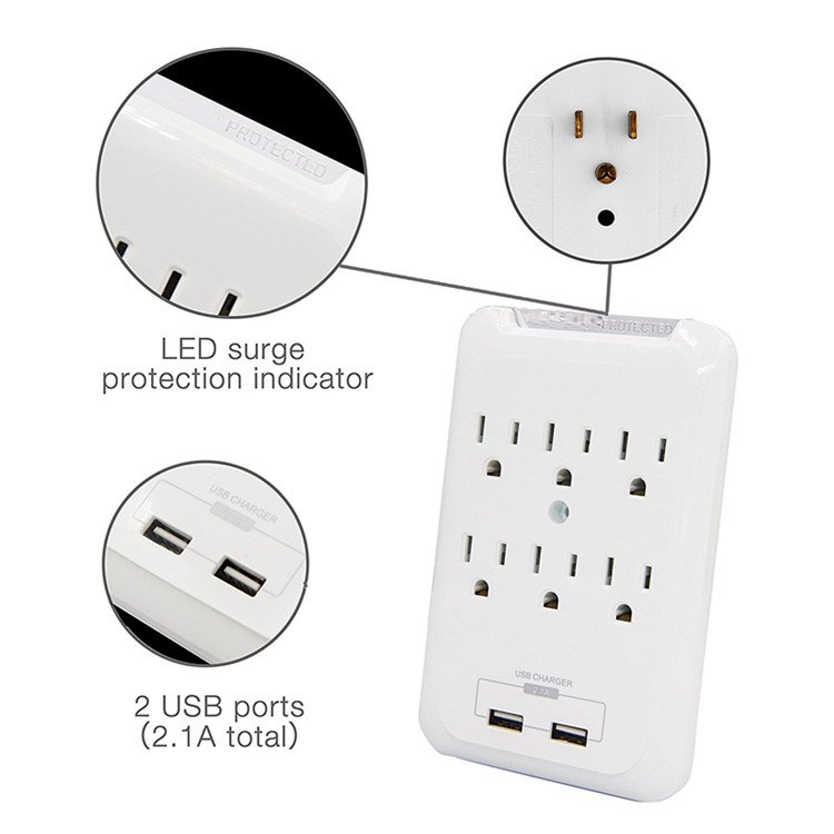 6-Outlet Surge Protector with LED Indicators Wall Tap USB Charge Socket Product Type Plugs & Sockets