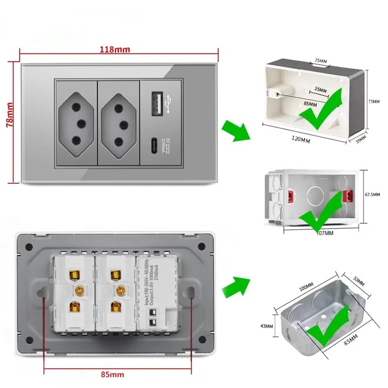 Grey Glass Switch And Socket Swiss Home Brazilian USB Sockets 10A Switches Electrical Wall Sockets And Switches