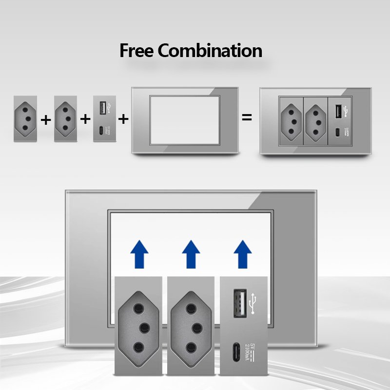 Grey Glass Switch And Socket Swiss Home Brazilian USB Sockets 10A Switches Electrical Wall Sockets And Switches