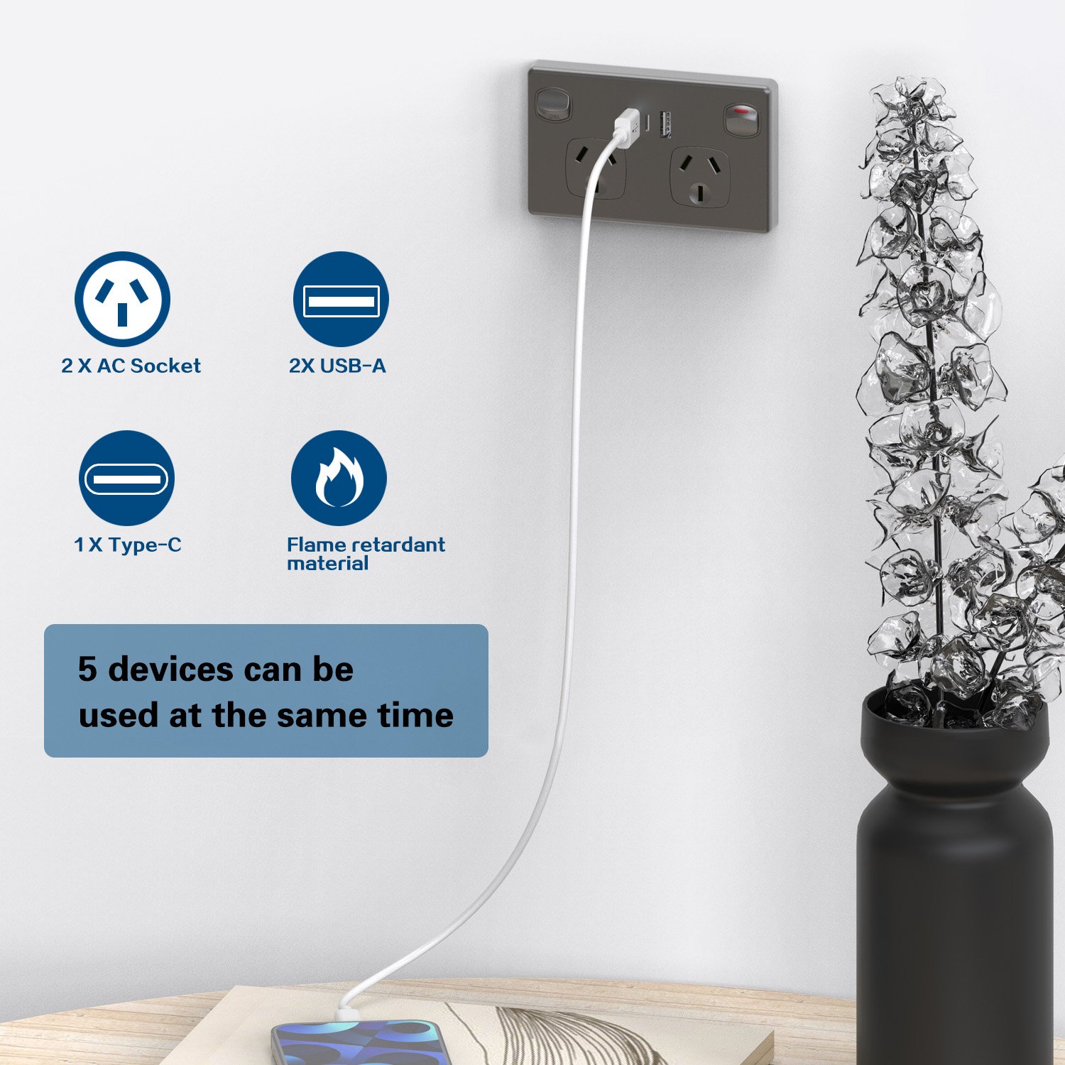 Plug Socket Australia GPO Wall socket Home Plug socket switch 3 pin Electrical Power Point with USB Ports SAA Approval Slim