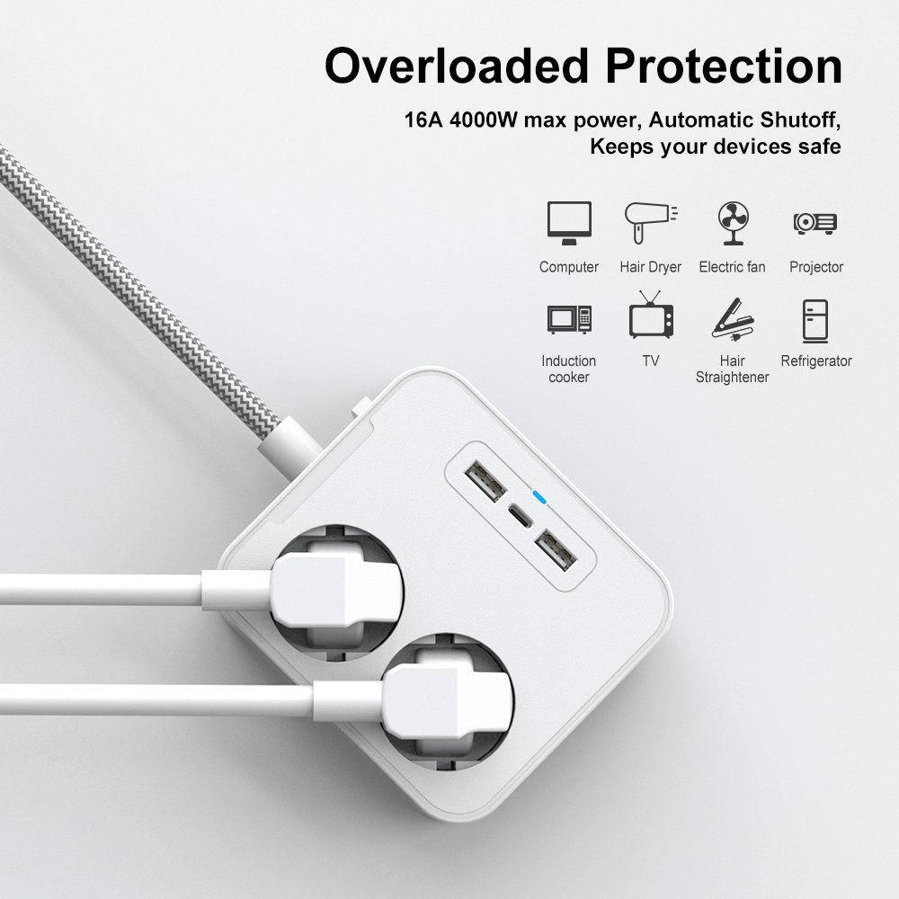Universal 250V 16A USB CExtension Socket Lead Adapter 2 EU Standard Plug Outlets Power Strip With Overload Switch