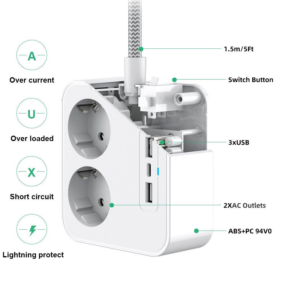 Universal 250V 16A USB CExtension Socket Lead Adapter 2 EU Standard Plug Outlets Power Strip With Overload Switch