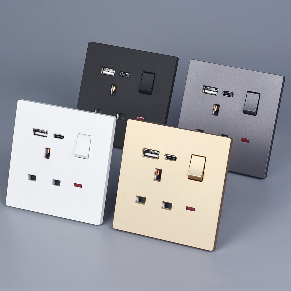 Usb socket typc-c charging 2 port wall currents 13 amp plug socket with usb and type c