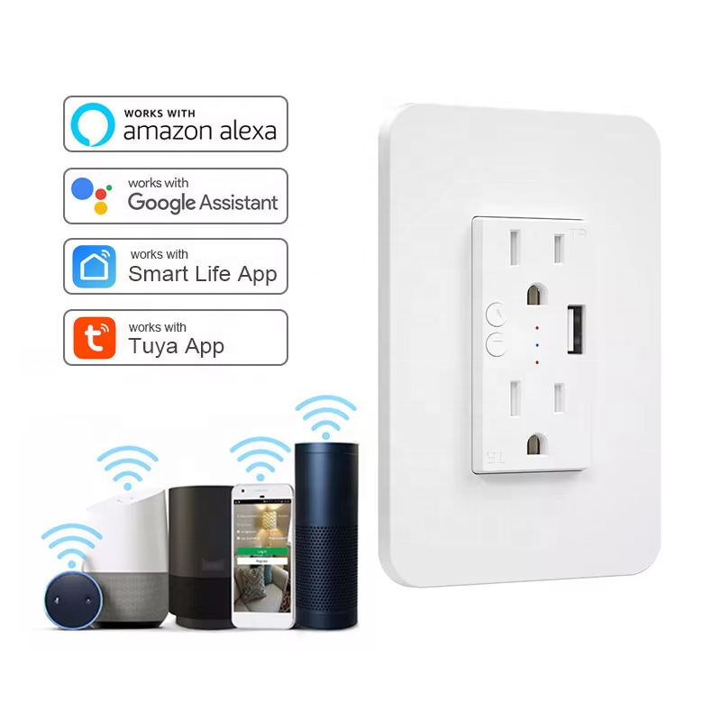 ETL Certified 15A Smart Life/Tuya APP Remote Controller Smart Power Wall Outlet with USB WiFi Smart Socket Work with Alexa