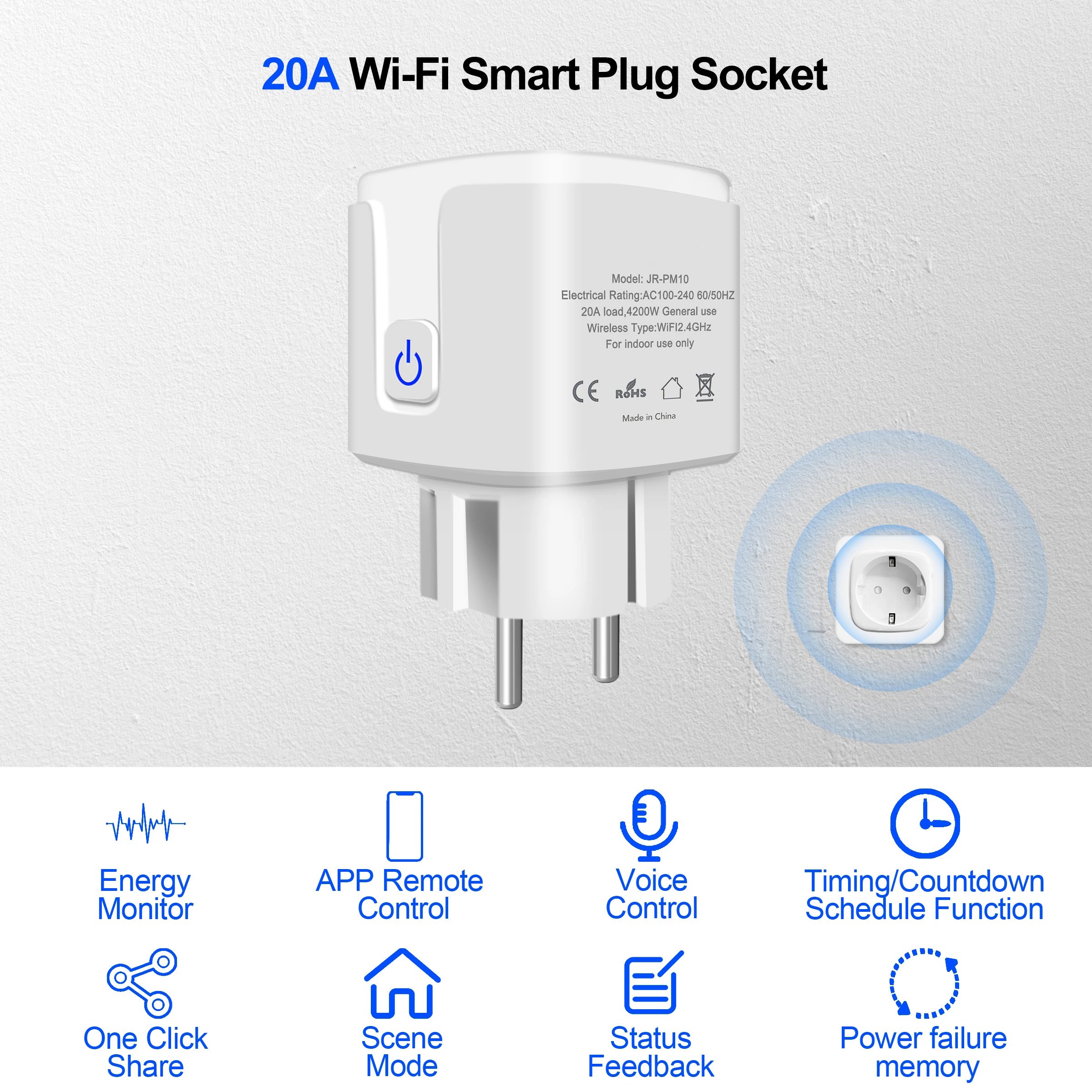 20A 220V Wireless Wifi Smart Power Plug Energy Monitor Tuya EU Mini Wireless Wifi Smart Plug Socket With Alexa Google Home Voice