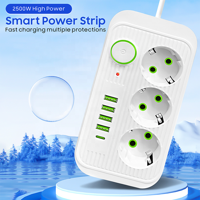 EU Power Strip Surge Protector Extension Cord with 3 AC Outlets and 3 USB-A Ports for Home Office Plugs Sockets