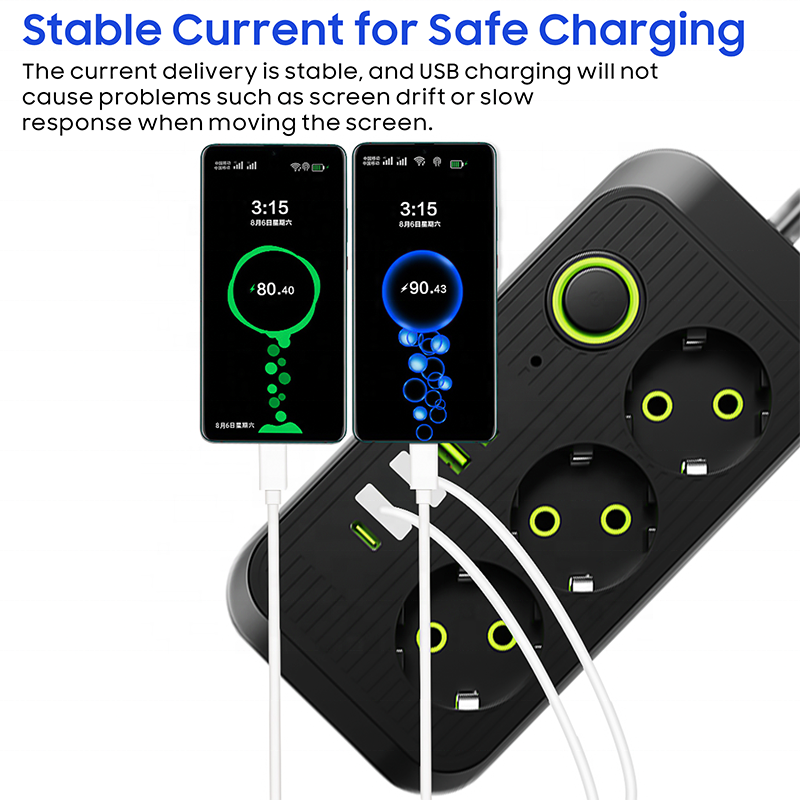 EU Power Strip Surge Protector Extension Cord with 3 AC Outlets and 3 USB-A Ports for Home Office Plugs Sockets