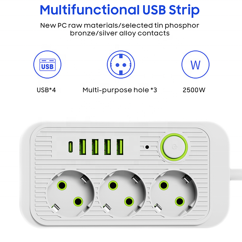 EU Power Strip Surge Protector Extension Cord with 3 AC Outlets and 3 USB-A Ports for Home Office Plugs Sockets