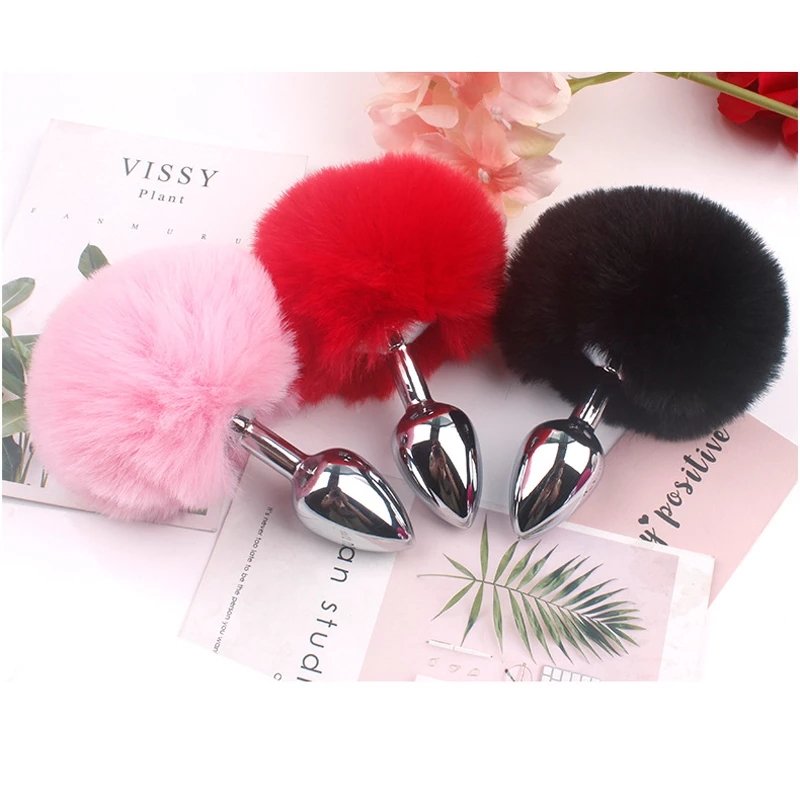 Soft rabbit tail metal anus plug fox cat dog tail out anal plug female backyard anus adult sex toys