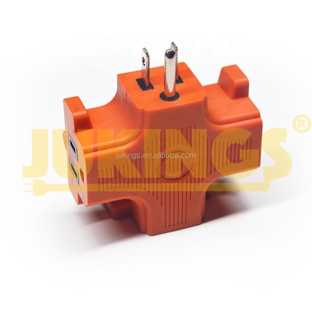 T-shape Triple (3) Outlet Heavy Duty Grounded Wall Plug Tap Adapter with 3 prong Orange color 125V 15A