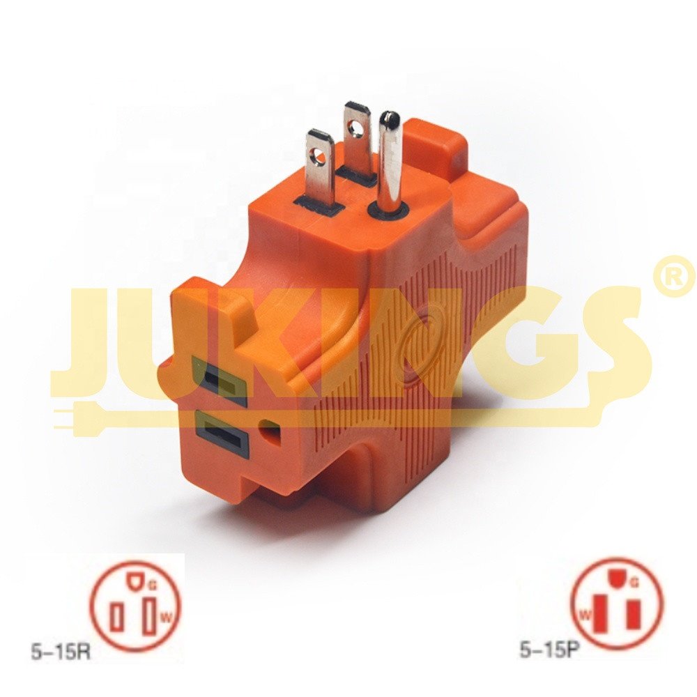T-shape Triple (3) Outlet Heavy Duty Grounded Wall Plug Tap Adapter with 3 prong Orange color 125V 15A