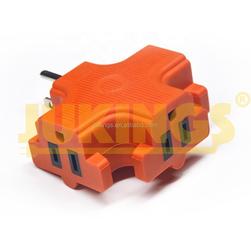 T-shape Triple (3) Outlet Heavy Duty Grounded Wall Plug Tap Adapter with 3 prong Orange color 125V 15A