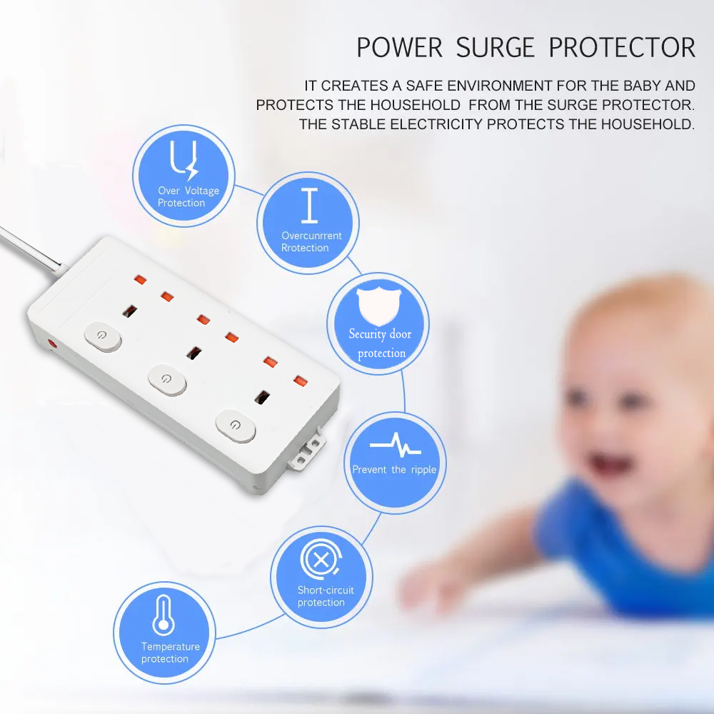 UK /plug outlet/ 2.0M Cable Power Strip Individual /switches and socket/ with Overload Surge Protector and Extension Lead