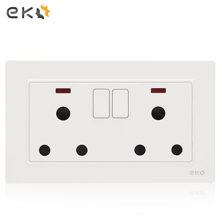 British/BS/UK 250V 15A single pole double twin 3 pin plug socket/ 2x3 hole rectangular power wall switch socket with neon outlet