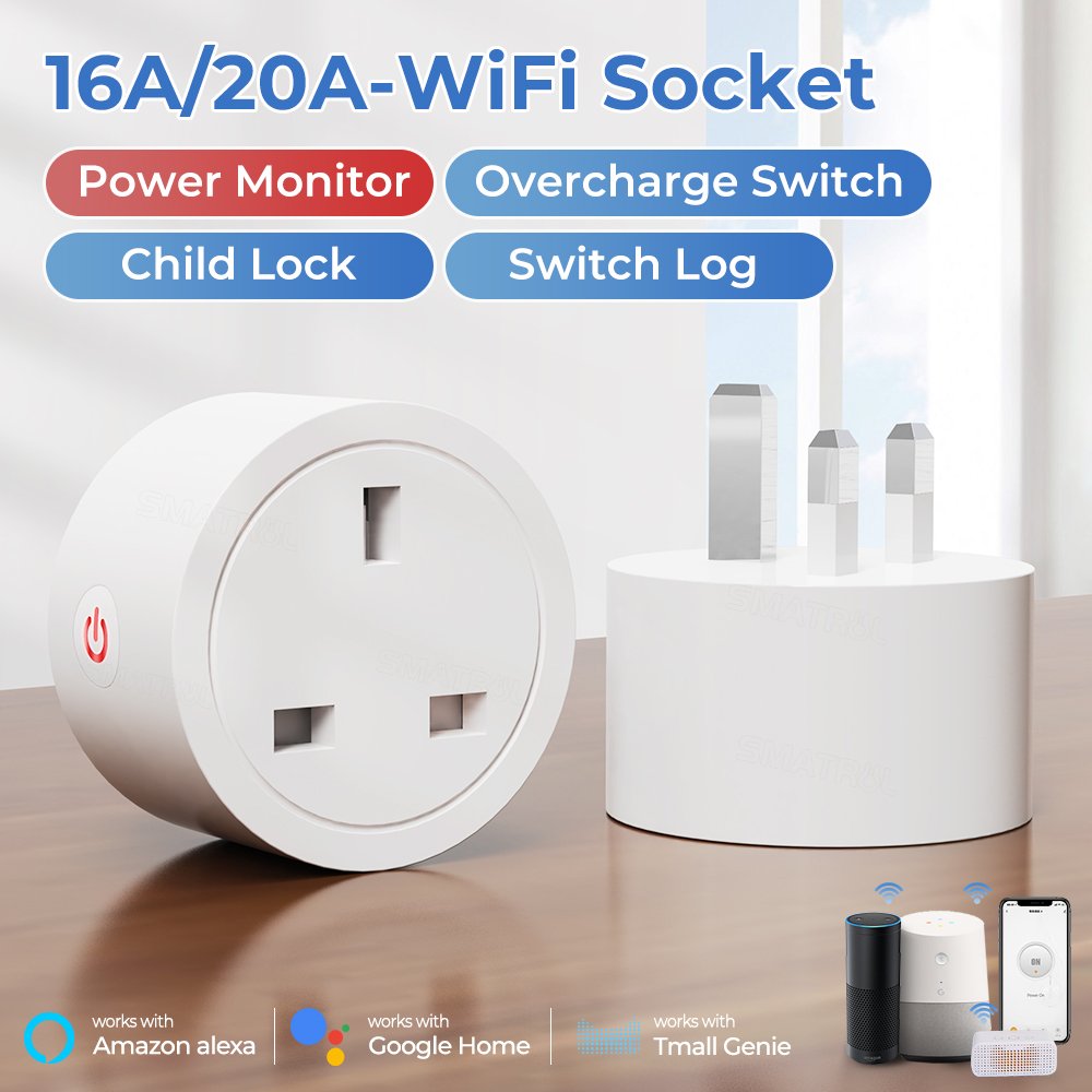 SMATRUL WiFi RF433 Uk Smart Socket Plug Outlet 20A Adapter Power Monitor Wireless Remote Voice Control Timer Smart Life App