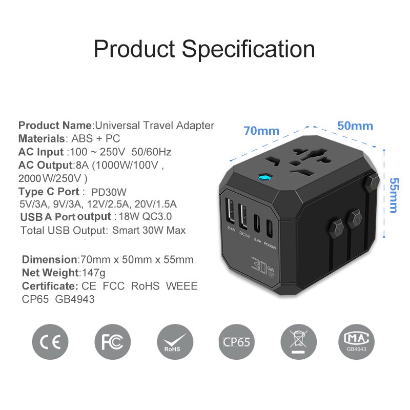All In One Worldwide Travel Adapter GAN 30W 4 USB Type C PD International Universal Plug Adapters European Travel Plug Adapter