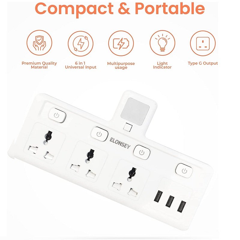 Plug Adapter with 3 USB A Outlets, 3 Way Wall Charger Power Extender, 3 Pin Power Outlet for Travel, Home, Office