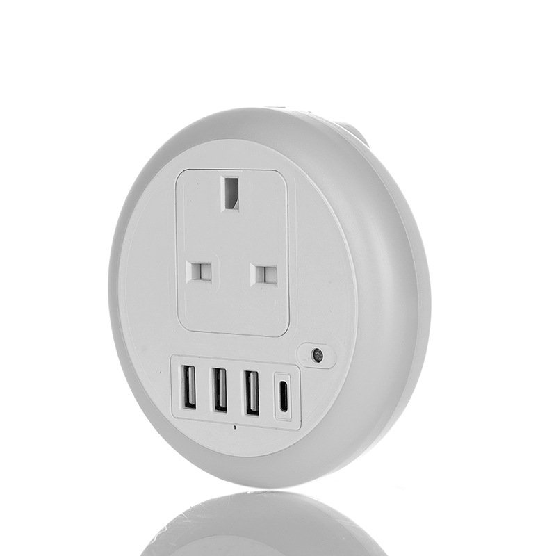 Best Seller Wall Plug LED Light Type C 3 USB Fast Charger US EU UK Outlet Port Round Wall Socket Plug In LED Night Light