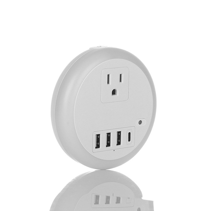 Best Seller Wall Plug LED Light Type C 3 USB Fast Charger US EU UK Outlet Port Round Wall Socket Plug In LED Night Light