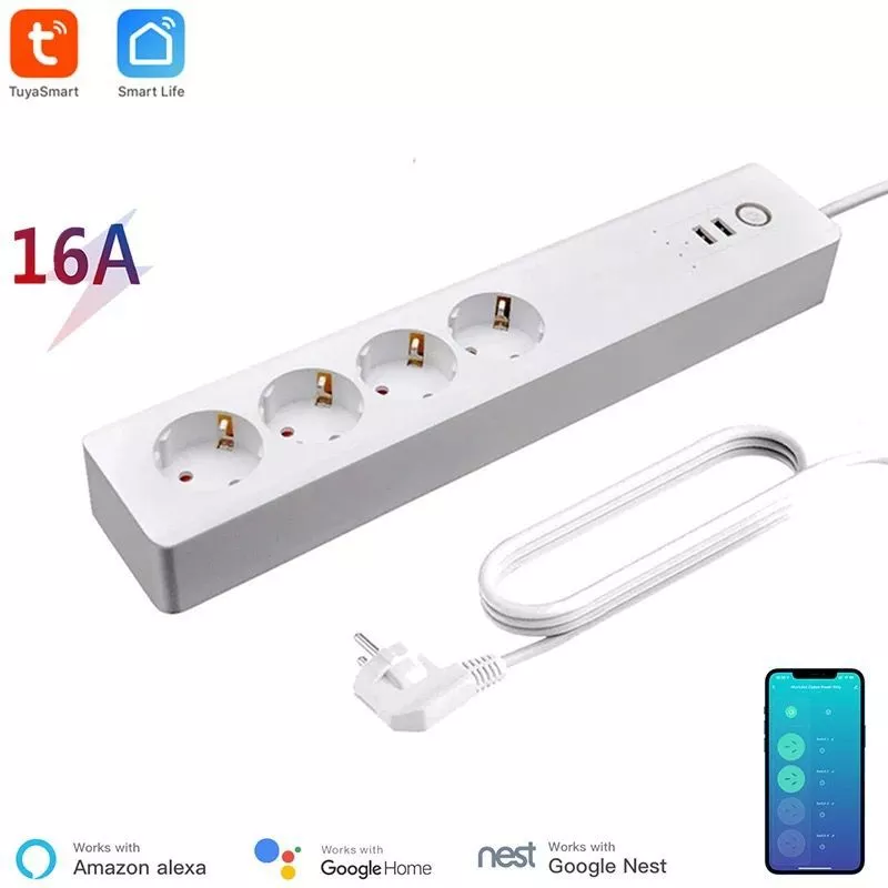 16A Tuya WiFi Smart Socket EU Power Strip Surge Protector Extension Socket 2 USB Timers Alexa Google Home Smart Power Socket