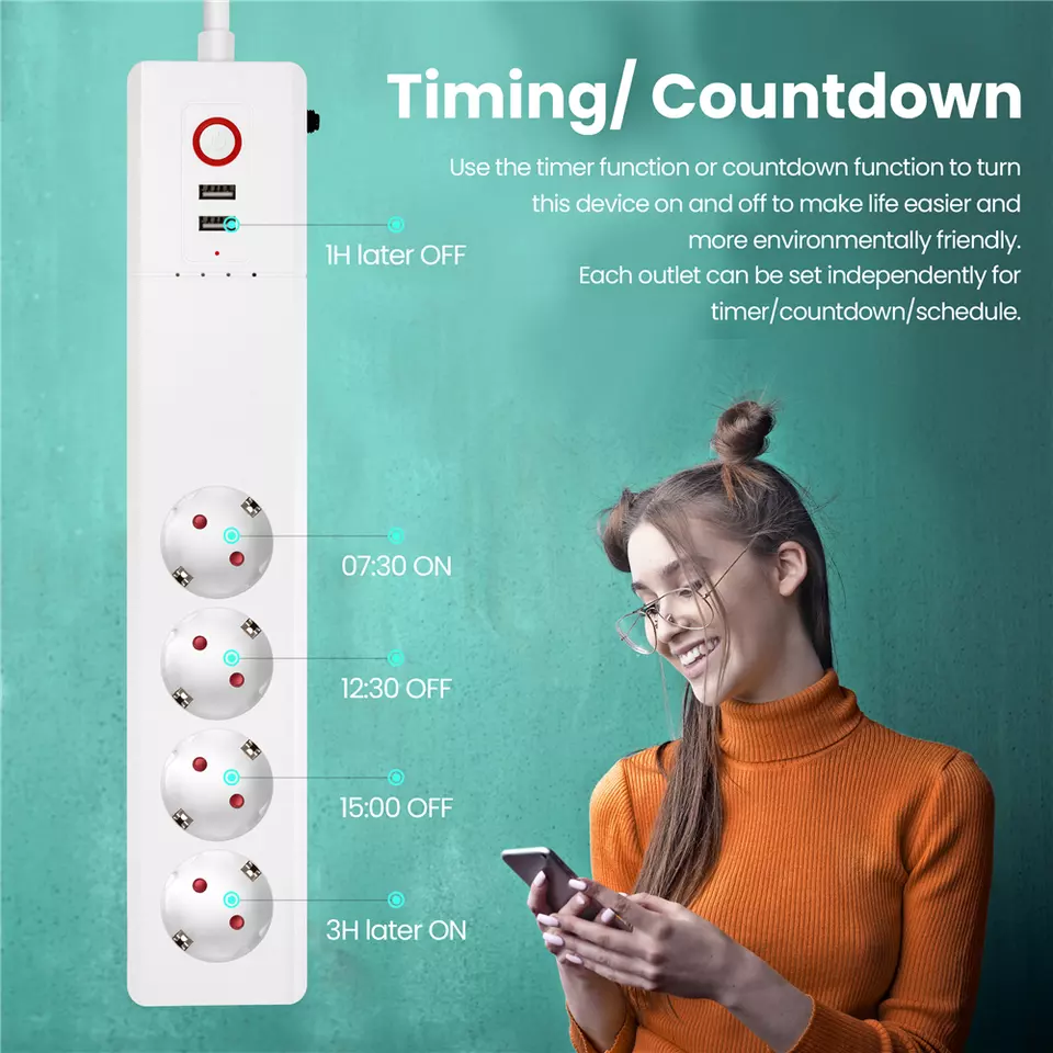 16A Tuya WiFi Smart Socket EU Power Strip Surge Protector Extension Socket 2 USB Timers Alexa Google Home Smart Power Socket