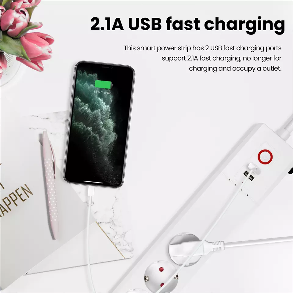 16A Tuya WiFi Smart Socket EU Power Strip Surge Protector Extension Socket 2 USB Timers Alexa Google Home Smart Power Socket