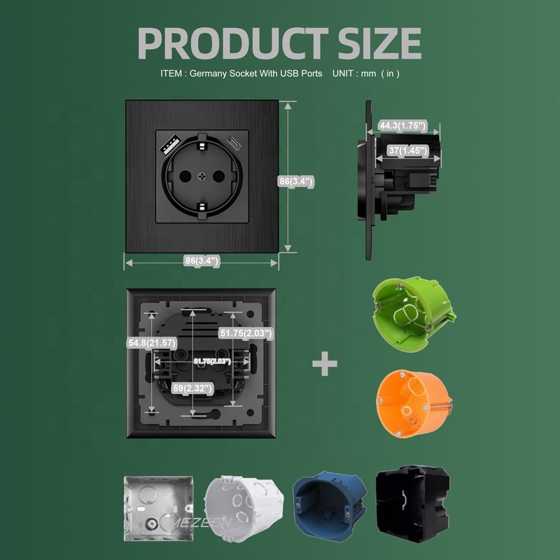 220V 16A EU Plug Socket With USB Type A And C 2P+E German Schuko Wall Plug Socket With USB Charger