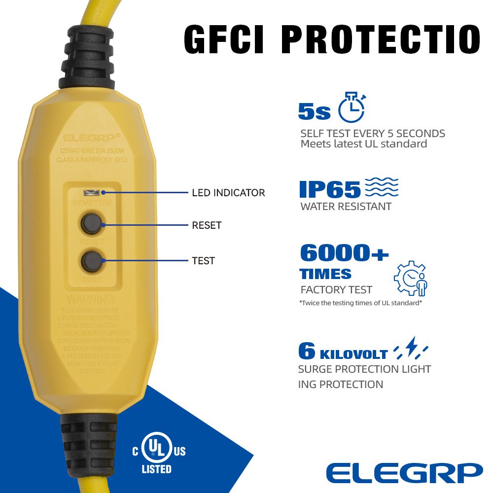 3 Foot In-line Style Auto Reset Self-Test Portable GFCI Extension Cord 3 Prong GFCI Plug with 3-Outlet