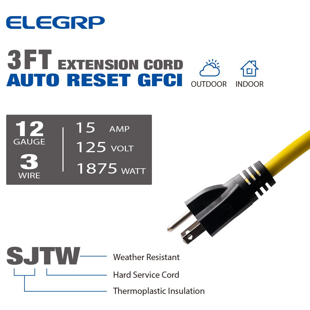 3 Foot In-line Style Auto Reset Self-Test Portable GFCI Extension Cord 3 Prong GFCI Plug with 3-Outlet