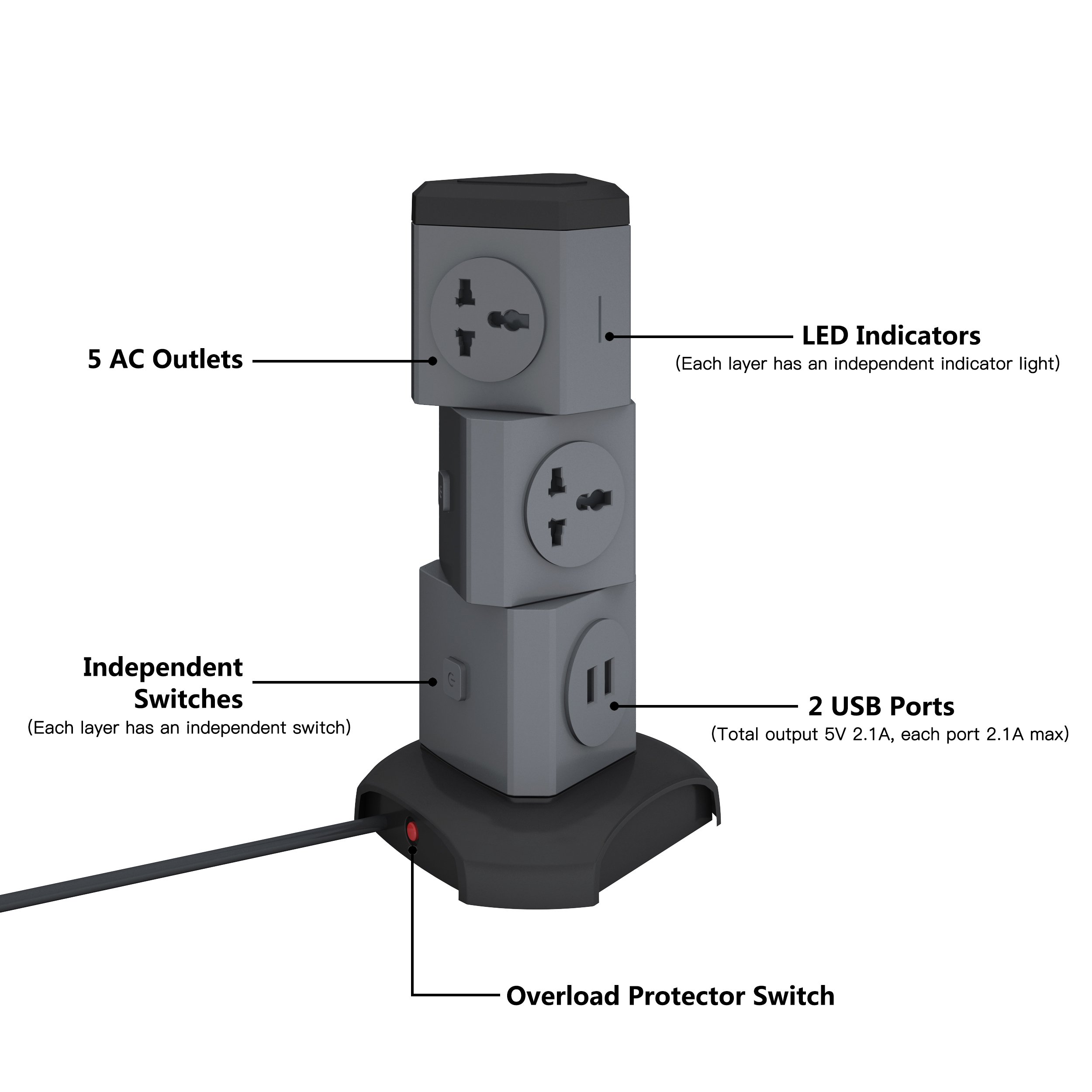 Multifunction Home Use Electrical Vertical Rotating Tower Socket Multi Plug With Extension Cord Extension Lead