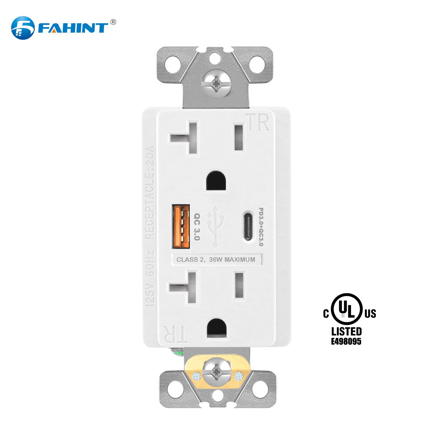 White FTR20QC double 2 usb electrical plug ports sockets with power delivery functions