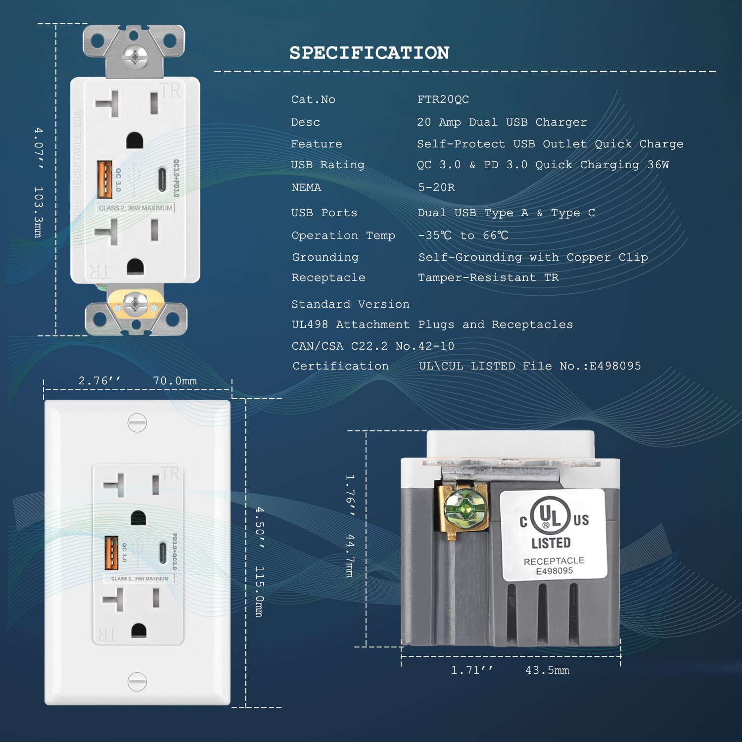 White FTR20QC double 2 usb electrical plug ports sockets with power delivery functions