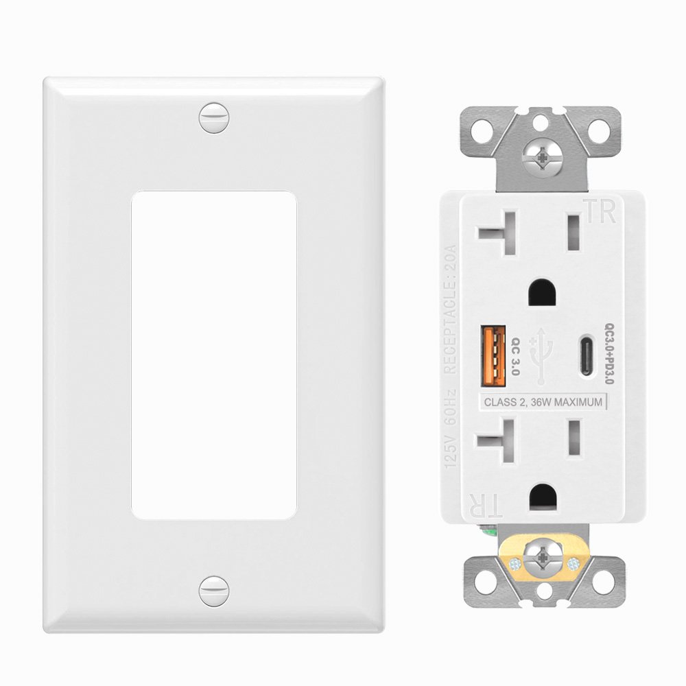White FTR20QC double 2 usb electrical plug ports sockets with power delivery functions