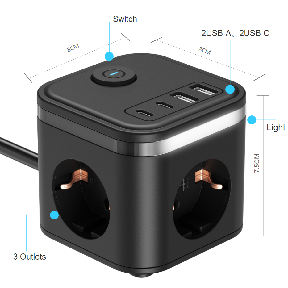 High Quality Night Light Power strip Extension Cable Socket Plug With 3USB 2 Type-c Power Strip with light