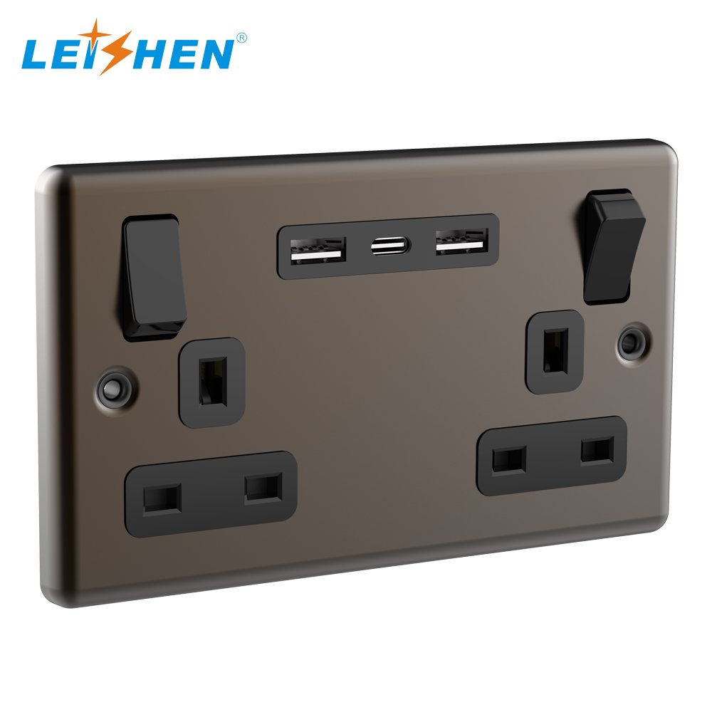 LEISHEN Metal Matte Grey Face Plate Double UK Plug Wall Socket 2 Gang 13 Amp Switched Plug Socket For England/ Africa Market