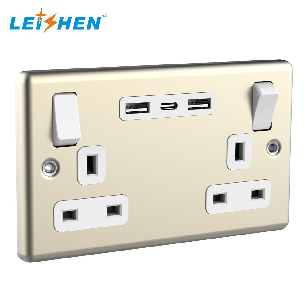 LEISHEN Metal Matte Grey Face Plate Double UK Plug Wall Socket 2 Gang 13 Amp Switched Plug Socket For England/ Africa Market