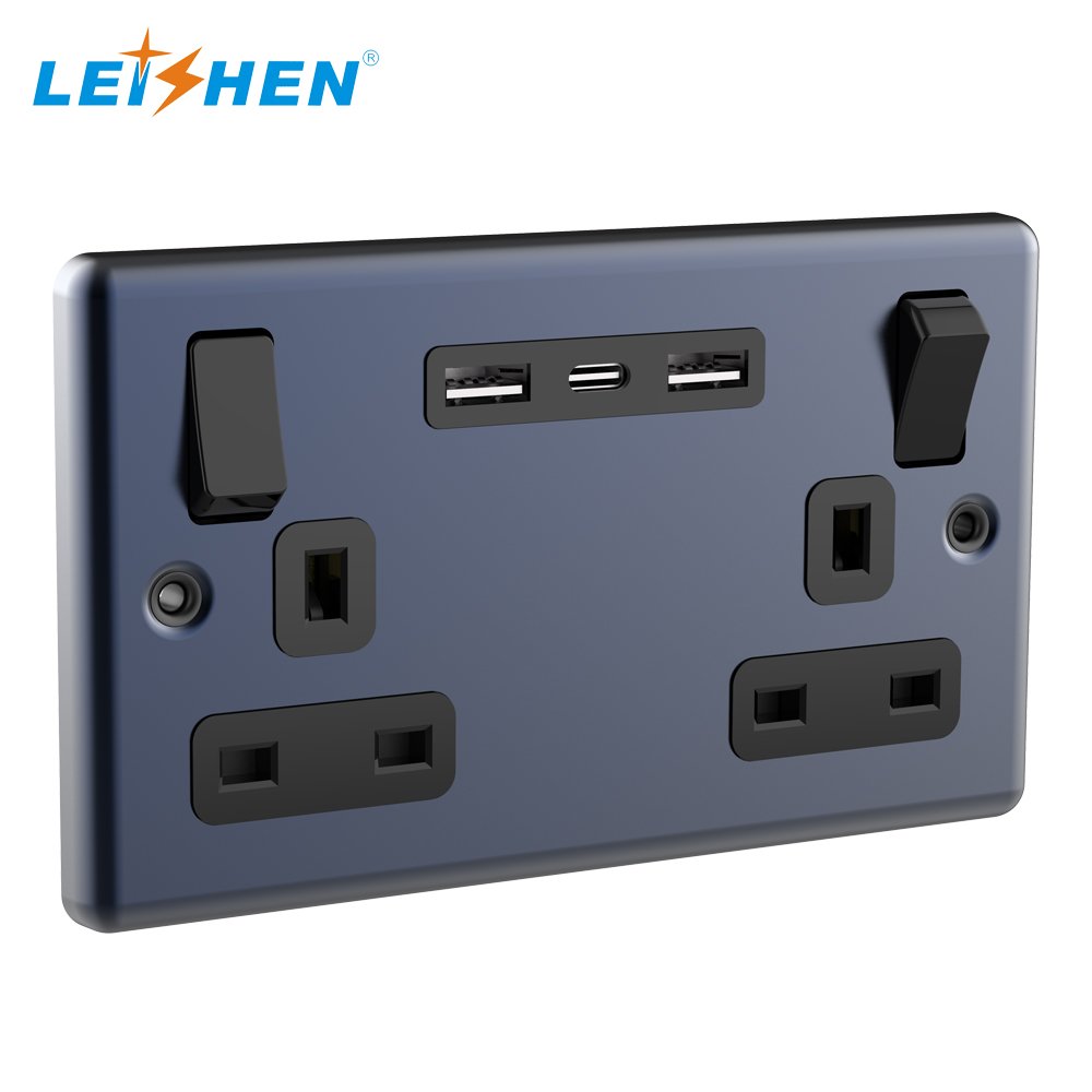 LEISHEN Metal Matte Grey Face Plate Double UK Plug Wall Socket 2 Gang 13 Amp Switched Plug Socket For England/ Africa Market