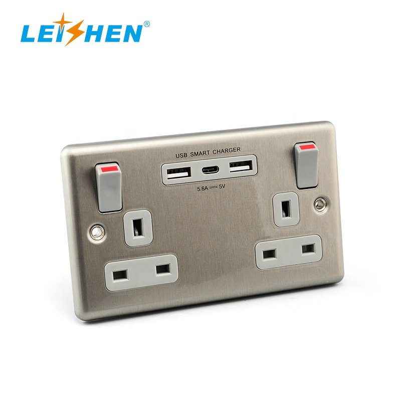 LEISHEN Metal Matte Grey Face Plate Double UK Plug Wall Socket 2 Gang 13 Amp Switched Plug Socket For England/ Africa Market